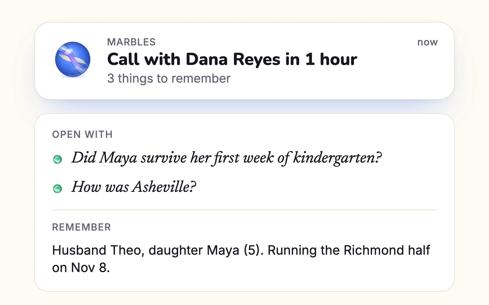 A Mac notification: Call with Dana Reyes in 1 hour, 3 things to remember, above the brief’s suggested openers.