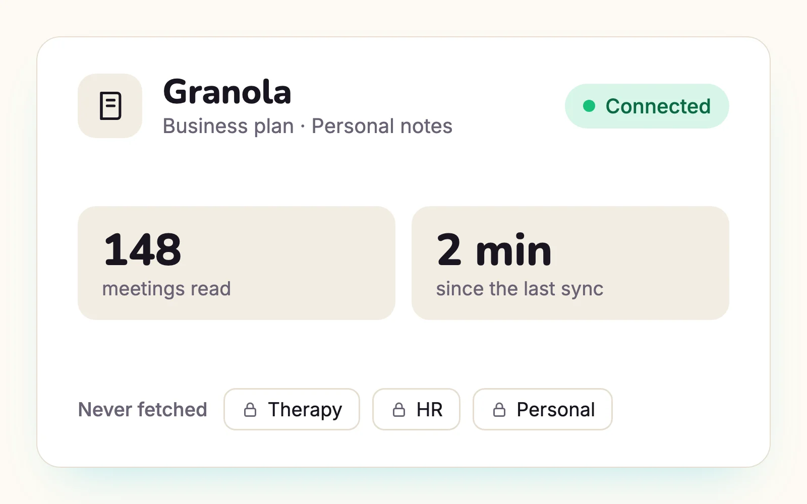 Marbles settings: Granola connected on a Business plan, 148 meetings read, Therapy, HR and Personal folders never fetched.