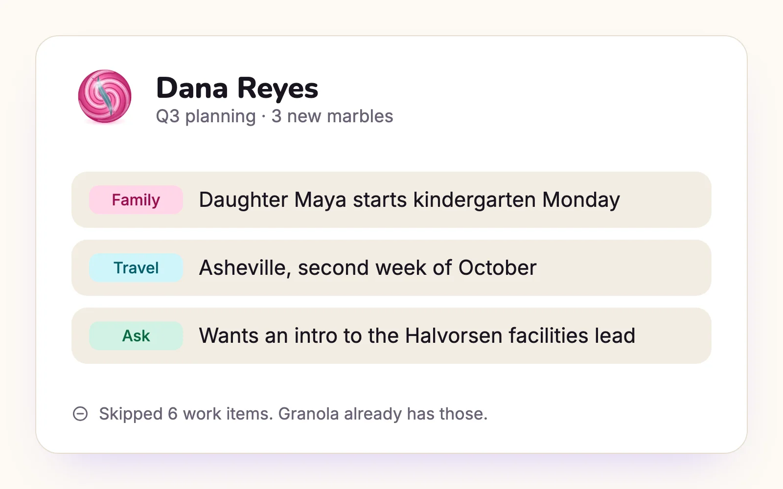 Three new marbles for Dana Reyes from Q3 planning: her daughter starts kindergarten, a trip to Asheville, and an intro she asked for. Six work items skipped.