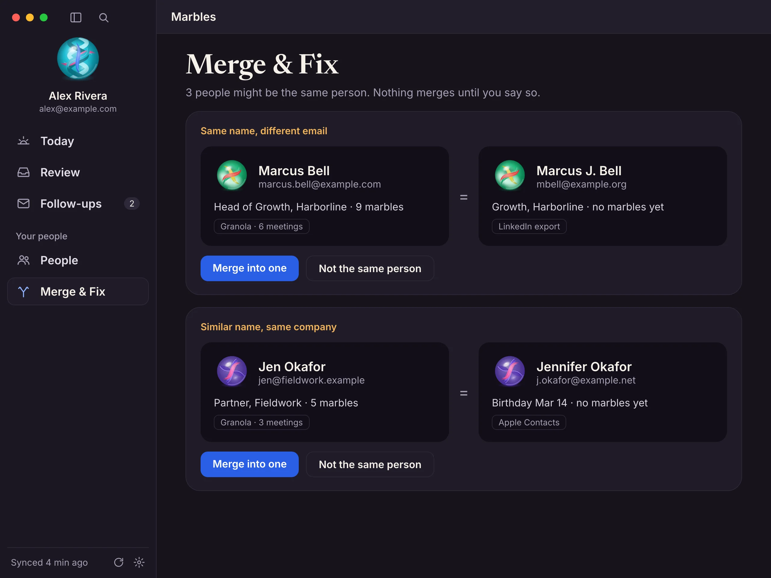 Merge & Fix: two likely duplicate people shown side by side, each with Merge into one and Not the same person buttons.