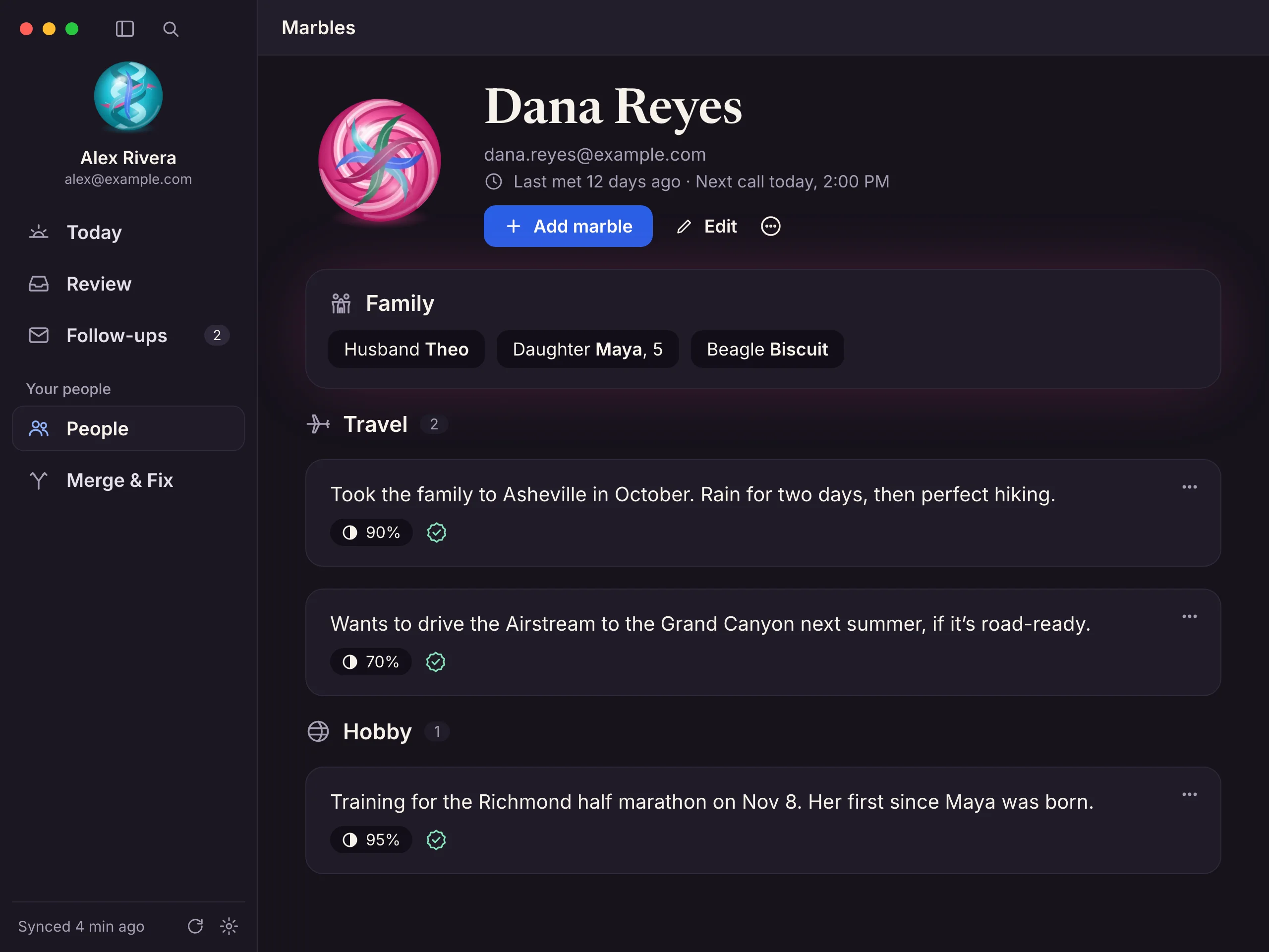 Dana Reyes’s page in Marbles: her marble, a pinned family card, and travel and hobby marbles with confidence scores.